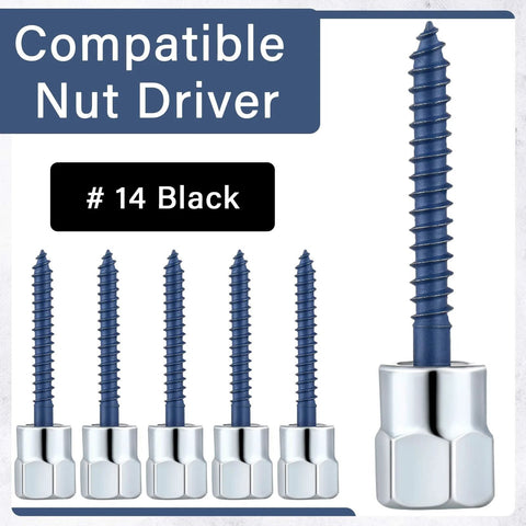 Close-up of blue threaded screws with silver hex heads for nut driver compatibility, #14 black label shown.