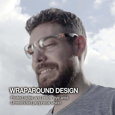 Outdoor Safety Sunglasses For Work And Play With Smoke Lenses, UV 99.9 Percent Protection, shown on a person outdoors, wraparound design