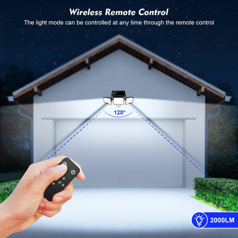Solar Motion Sensor Flood Light With 210 LEDs Delivers 2500 Lumens Of Dope Outdoor Lighting mounted on a garage with remote control