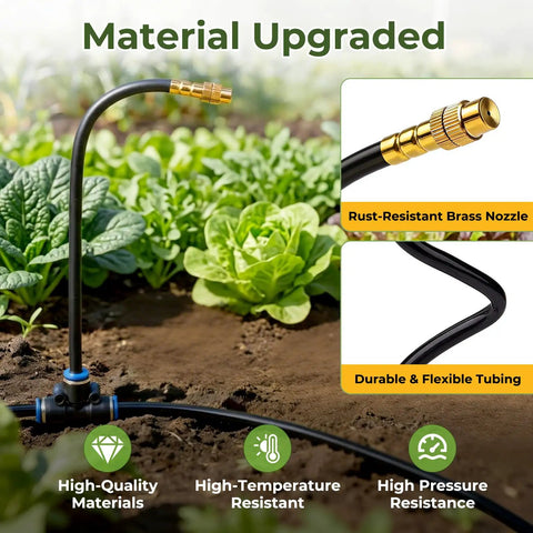 Fifty Foot Drip Irrigation Kit With 360 Degree Adjustable Brass Misting Nozzles And 1 Quarter Inch Tubing close-up in garden