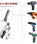 1/4 in HEX SHANK with multiple drill models shown, demonstrating versatility for various drilling tasks.