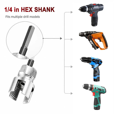 1/4 in HEX SHANK with multiple drill models shown, demonstrating versatility for various drilling tasks.