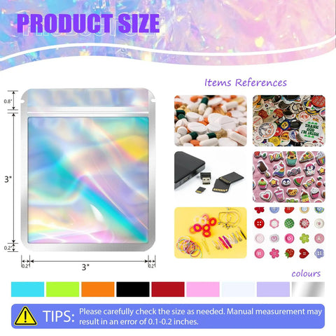 100 Pack Holographic Mylar Resealable Bags 3x3 Inch With Clear Window For Candy Snacks Small Biz Storage Smell Proof Packaging Black Color Great For Giftable Display And Freshness shown with size and items