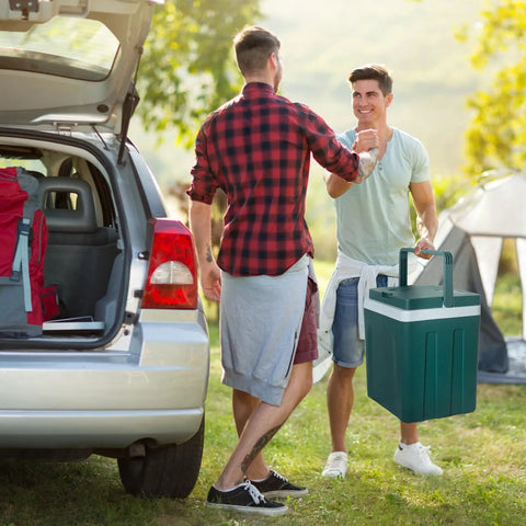 Two men outdoors sharing a Tailgate Ready Portable Thermoelectric Car Cooler And Warmer 26 5 Quart Dual Temp Fridge for Truck RV.