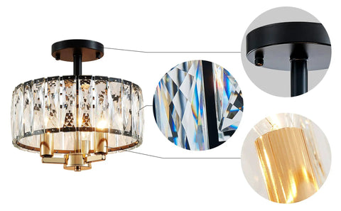 Crystal K9 3 Light Semi Flush Ceiling Light Fixture With Sparkling Clear Crystal Sticks Shine Gold And Matte Black Finish Modern Glam Look For Living Room Bedroom And Dining Room D13 x H15 Easy Mount And Ambient Lighting