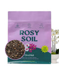 Front view of Rosy Soil bag with close-up of soil mix, highlighting orchid potting mix with superior aeration and drainage.