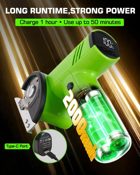 Electric Fabric And Cardboard Cutter, Smooth Cutting Machine With Durable Sk5 Blade, Eases Wrist Fatigue For Heavy Duty Shipping Box Trimming And Recycling Jobs Made Easy, showing battery and Type-C port.