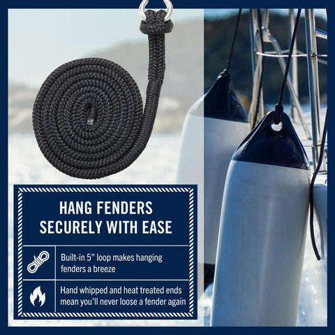 Four Pack Six Foot Dock Lines With Five Inch Loops Premium Three Eighths Inch Double Braided Nylon Mooring Rope For Boating Black Fender Lines For Easy Cleat Attachment Durable Docking Ropes For Fenders And Moorings displayed with fenders on boat
