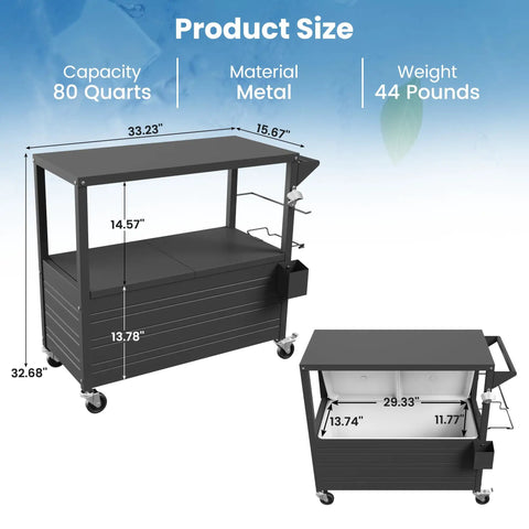 80 Quart Rolling Ice Chest With Built In Top Prep Table And Four Wheels Party Patio Cooler Cart Portable Outdoor Beverage Cooler With Drain Plug Weather Resistant For BBQs Pool Decks Indoor And Outdoor Use, shown with dimensions and metal material.