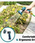 High Pressure Metal Garden Hose Nozzle With 10 Spray Patterns And Thumb Control On Off Valve For Car Wash Plants Pets And Outdoor Cleaning Built For Home Use And Heavy Duty Tasks Blue, showing use on plants