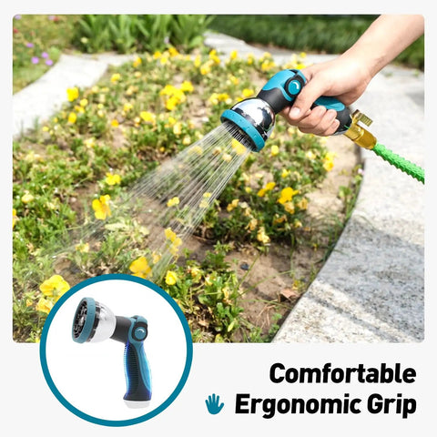 High Pressure Metal Garden Hose Nozzle With 10 Spray Patterns And Thumb Control On Off Valve For Car Wash Plants Pets And Outdoor Cleaning Built For Home Use And Heavy Duty Tasks Blue, showing use on plants