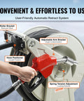 Heavy Duty 1 Inch By 33 Foot Fuel Hose Reel With Retractable Diesel Hose, carbon steel construction, automatic nozzle in use