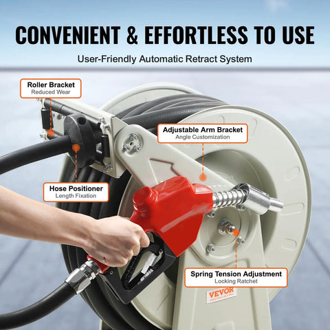 Heavy Duty 1 Inch By 33 Foot Fuel Hose Reel With Retractable Diesel Hose, carbon steel construction, automatic nozzle in use