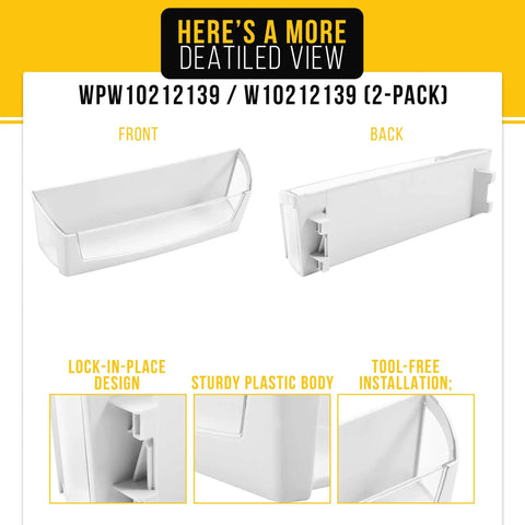 Detailed view of Refrigerator Door Shelf Bin Replacement 2-Pack for Whirlpool Maytag KitchenAid Fridge Door Shelves W10212139 AP6017170 PS11750465