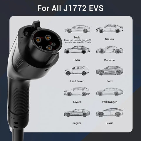 Level 2 Electric Vehicle Charger J1772 40 Amp 240 Volt Home Evse with NEMA 14 50 Plug 25 Ft Cable close-up of charging plug for J1772 EVs.
