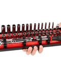 Person holding Your Go-To 1/4 Inch Drive 12 Point Socket And Ratchet Set With Rails And Trays, 57 Piece, organized on tray.