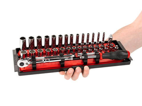 Person holding Your Go-To 1/4 Inch Drive 12 Point Socket And Ratchet Set With Rails And Trays, 57 Piece, organized on tray.