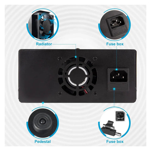30V 10A Digital Display Adjustable DC Power Supply With Pro Grade Precision Voltage And Current Control For Aging Circuit Testing And Repair Tasks, Built In Overvoltage And Safety Protections For Sensitive Electronics. Rear fan and fuse box view