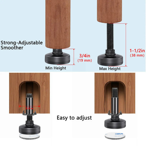 Heavy Duty Furniture Levelers with M10 Thread Adjustable Feet and T Nut Kit showing height adjustment capabilities