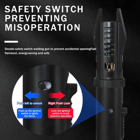 Refillable Butane Torch Lighter With Safety Lock And Adjustable Red Blue Jet Flame Windproof for Candles Campfires BBQ Baking Camping Gift Ideal For Grilling And Searing Meats Smores On The Go, featuring safety switch details