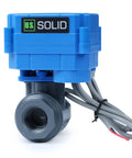 Half Inch UPVC Motorized Ball Valve With Full Port, 2 Wire Auto Return, 9-36V AC DC, Normally Closed, Lightweight Plastic Valve, front view.