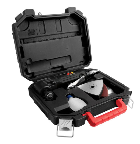 Open black case showing Pneumatic Oscillating Multi Tool Kit With Scraper Sander And Cutter Pro Grip Handle 7 Forward Positions Level