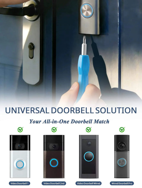 Person using All In One Doorbell Screwdriver Replacement Kit With Double Ended Torx T6 T15 And 20 Security Screws on video doorbell.