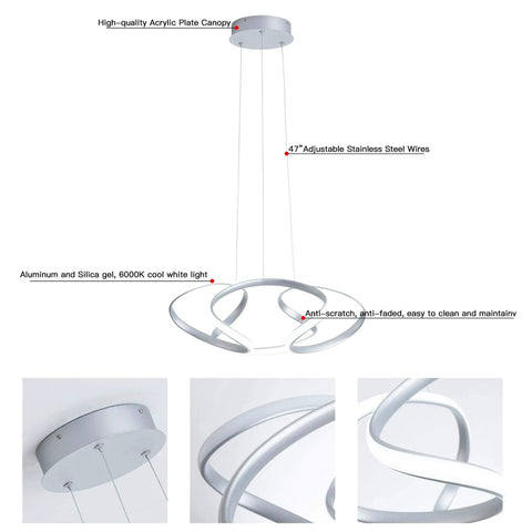 Modern LED Pendant Light With Irregular Ring Design, Contemporary Chandelier with 47" Adjustable Steel Wires and Silver Finish