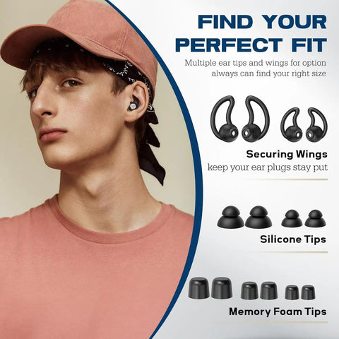Man wearing Sleep Ear Plugs For Quiet Nights with 30 To 33 DB Noise Reduction, showcasing silicone tips and memory foam options