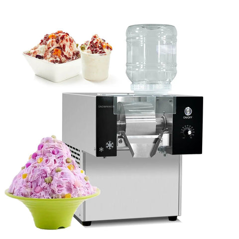 Commercial Snowflake Ice Machine Making Two Seventy Five Pounds Daily Automatic Shaved Ice Maker With quick chill, with pink shaved ice and cups.