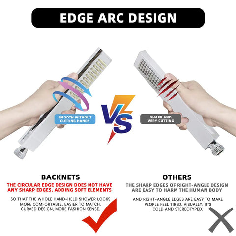 Solid Brass Handheld Shower Head With Arc Design vs sharp edge comparison