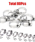 Premium Stainless Steel Hose Clamp Kit With 80 Pieces For Heavy Duty Car And Home Repair Fixing Leaks Fastening Various Sizes From 8mm To 51mm Using Adjustable Worm Gear Clamps That Stay Tight. 80-piece stainless steel hose clamps, 8mm to 51mm sizes, assorted on white background