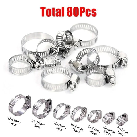 Premium Stainless Steel Hose Clamp Kit With 80 Pieces For Heavy Duty Car And Home Repair Fixing Leaks Fastening Various Sizes From 8mm To 51mm Using Adjustable Worm Gear Clamps That Stay Tight. 80-piece stainless steel hose clamps, 8mm to 51mm sizes, assorted on white background
