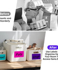 Before and after using Big 5x3 Inch Blank Labels For Storage Bins, 240 Pack With 10 Colors Writable Organizing Labels For Moving Boxes, Totes, Home Office Supplies, And Color Coding To Keep Clutter Clear And Easy To Find.