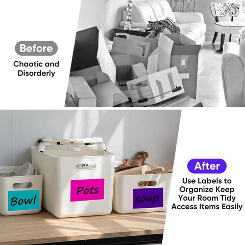 Before and after using Big 5x3 Inch Blank Labels For Storage Bins, 240 Pack With 10 Colors Writable Organizing Labels For Moving Boxes, Totes, Home Office Supplies, And Color Coding To Keep Clutter Clear And Easy To Find.