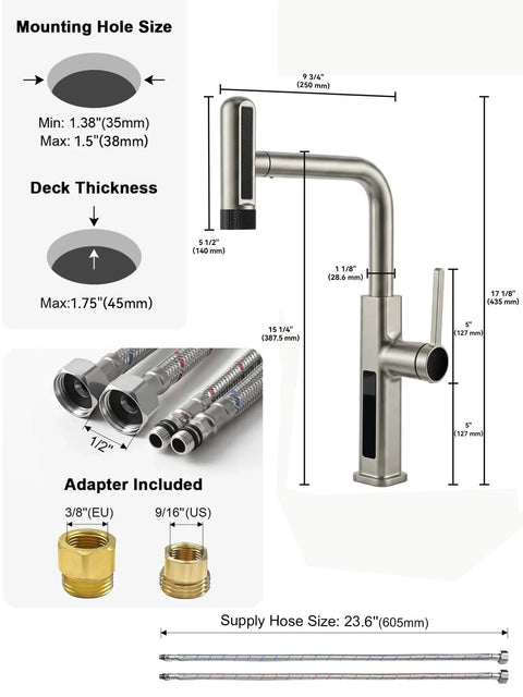 Touchless Pull-Out Kitchen Faucet with 6 Water Outlet Modes, Hands Free Motion Sensor Activated, Battery-Free Temperature Display, KF2209-PRO (Brushed Nickel) size and installation guide image with dimensions and specifications.