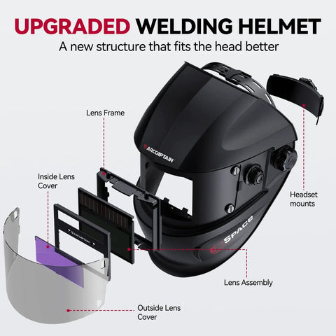 Exploded view of True Color Pro Grade Auto Darkening Welding Helmet With Upgraded Arc Sensor showcasing components and assembly.