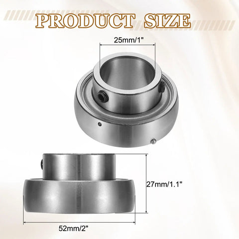 Heavy Duty Spherical Insert Bearings Two Piece Chrome Steel Units One Inch Bore With Eccentric Lock Setup Built Damn Tough For Farm Equipment Delivering Boss Level Wear Resistance And Ridiculously Slick Operation, showcasing size dimensions.