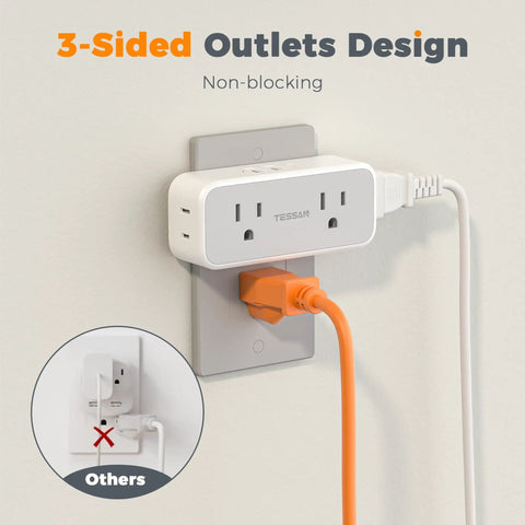 Compact 7 In 1 Wall Outlet Extender Converts One Socket To Four AC Outlets And Three USB Charging Ports Making Your Home Desk A Hella Smooth Charging Setup With Zero Sweat Ever Needed, showing 3-sided non-blocking design.