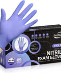 Premium Violet Nitrile Exam Gloves 3 Mil Medium 100 Pack Box Latex Free Powder Free Food Safe held hand showing glove