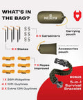Contents of 12x10 Rain Fly Tarp For Survival Camping, includes stakes, ropes, carabiners, pouches, and survival bracelet.