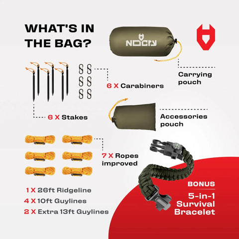 Contents of 12x10 Rain Fly Tarp For Survival Camping, includes stakes, ropes, carabiners, pouches, and survival bracelet.
