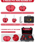 Four Piece PVC Pipe Reamer Kit For Home DIYers With Drill Adaptability Includes 1-1/2 Inch 2 Inch 3 Inch And 4 Inch Reamers Fits Standard 1/2 Inch Drills PVC Fitting Saver For SCH40 PVC CPVC And ABS Pipes with case and tools