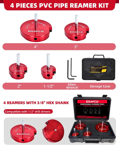 Four Piece PVC Pipe Reamer Kit For Home DIYers With Drill Adaptability Includes 1-1/2 Inch 2 Inch 3 Inch And 4 Inch Reamers Fits Standard 1/2 Inch Drills PVC Fitting Saver For SCH40 PVC CPVC And ABS Pipes with case and tools