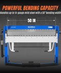 Heavy Duty Industrial Metal Bender with 50 Inch Foot Clamp Pan And Box Brake for Sheet Metal Folding, highlighting 50-inch bending width.