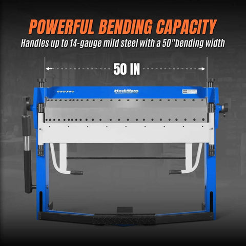 Heavy Duty Industrial Metal Bender with 50 Inch Foot Clamp Pan And Box Brake for Sheet Metal Folding, highlighting 50-inch bending width.