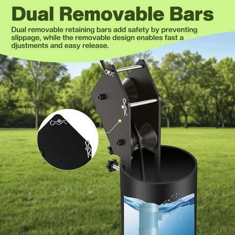 Close-up of Pro Grade Well Pump Puller With POM Roller And Removable Side Rails showing dual removable bars in use.