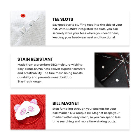 Text description of tee slots, sweat stain resistance, and bill magnet features of Dope Custom Golf Hat With Tee Holder And Ball Marker.