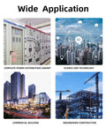 Wide application collage showing power distribution cabinet, science technology graphic, commercial building, engineering construction