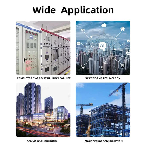 Wide application collage showing power distribution cabinet, science technology graphic, commercial building, engineering construction